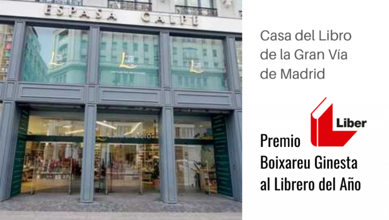 Fachada del edificio de Casa del Libro de Gran Vía en Madrid junto al logo del LIBER y el texto premio Boixareu Ginesta al Librero del Año