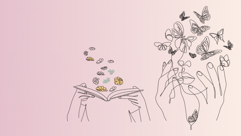 Libro ilustrado abierto del que salen flores y cabeza ilustrada de la que salen mariposas para ilustrar la salud mental